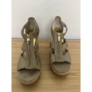 Michael Kors Sandal Women's 9.5M Damita Espadrille Wedge Platform Beige Gold